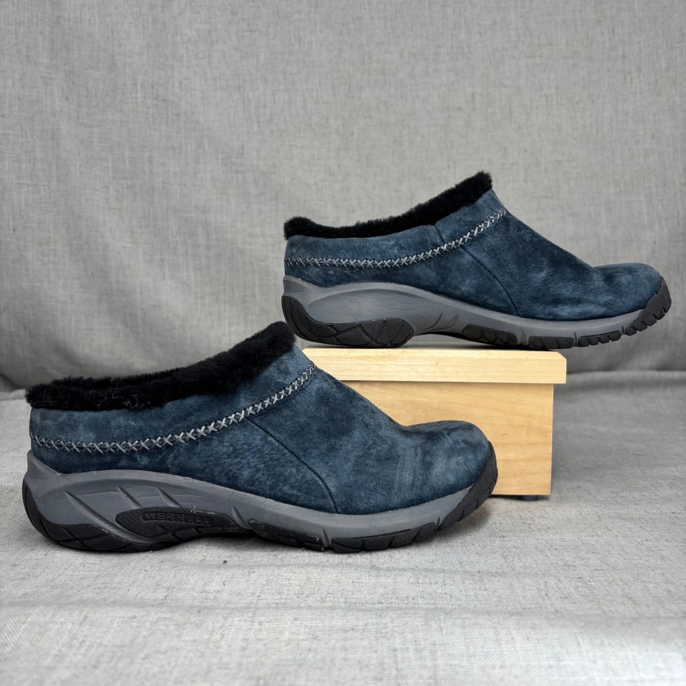 Merrell Encore Ice 4 Navy Blue Suede Faux Fur Lined Mules Clogs Women's Size 8.5 - Picture 2 of 11